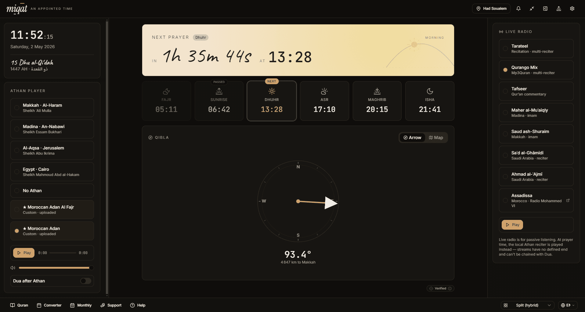 Miqāt desktop app showing split layout with prayer cards, Athan player, Qibla compass, and live radio